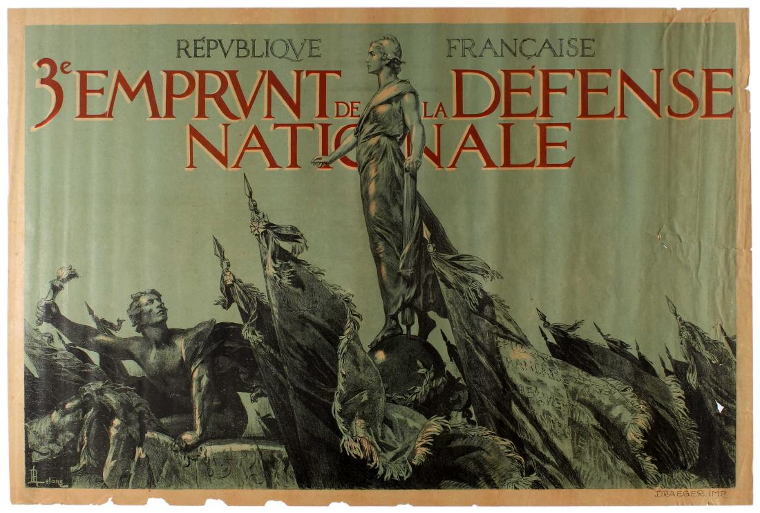 WWI War Poster France Defense Nationale Loan: Original vintage WWI Propaganda Poster - French Republic 3rd National Defense Bond (3e Emprunt de la DÃ©fense Nationale) Design depicts a statue of Marianne leading the troops to defend France and a
