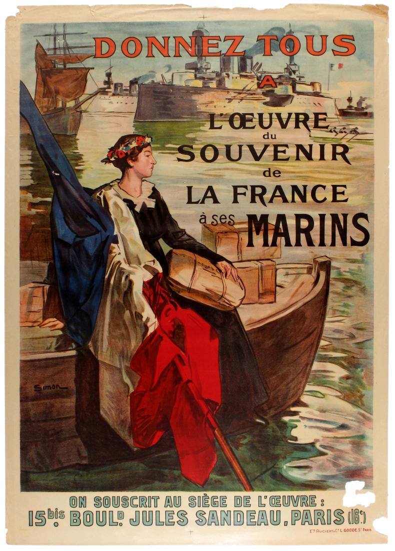 WWI War Poster France Navy Sailor Remembrance: Original vintage WWI Propaganda Poster - Everyone give to the fund for the remembrance of the French sailors (Donnez tous Ã l'oeuvre du souvenir de la France Ã ses marins) Illustration depicts a