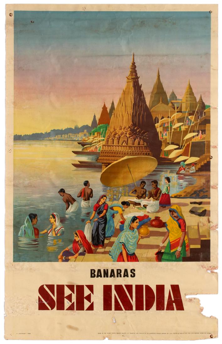 Travel Poster Varanasi Banaras See India: Original vintage travel poster promoting Varanasi also known as Benares Banaras or Kashi is a city on the banks of the river Ganga in the Uttar Pradesh state of North India. Design features people rel