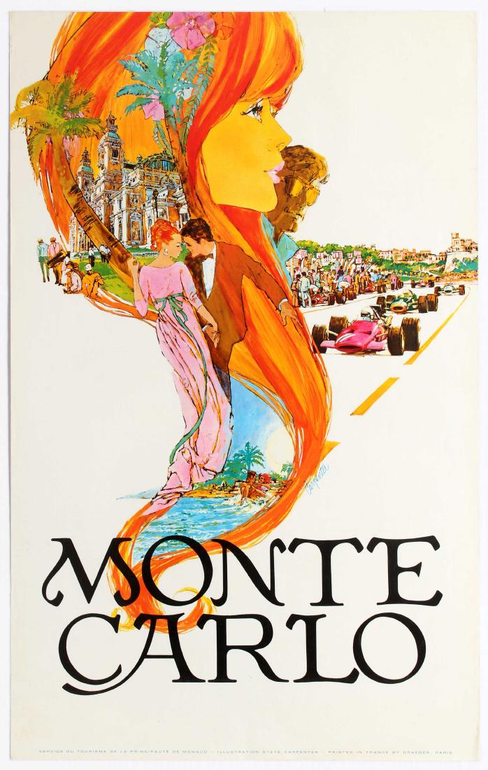 Travel Poster Monte Carlo Carpenter Formula 1 Monaco: Original vintage travel poster promoting Monte Carlo. Great image by Steve Carpenter of a young couple with the background showing the Grand Casino and Formula One race. Printed in France by Draeger.