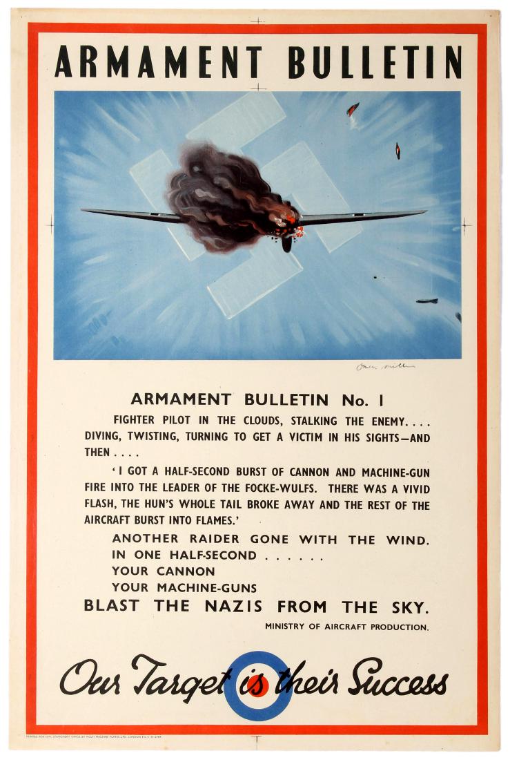 WWII War Propaganda Poster Aif Force Armament Luftwaffe: Original vintage World War Two poster: Armament Bulletin No 1, Ministry of Aircraft Production. Image of a German Nazi Luftwaffe airplane burning in the air with a swastika on the blue background. Fig