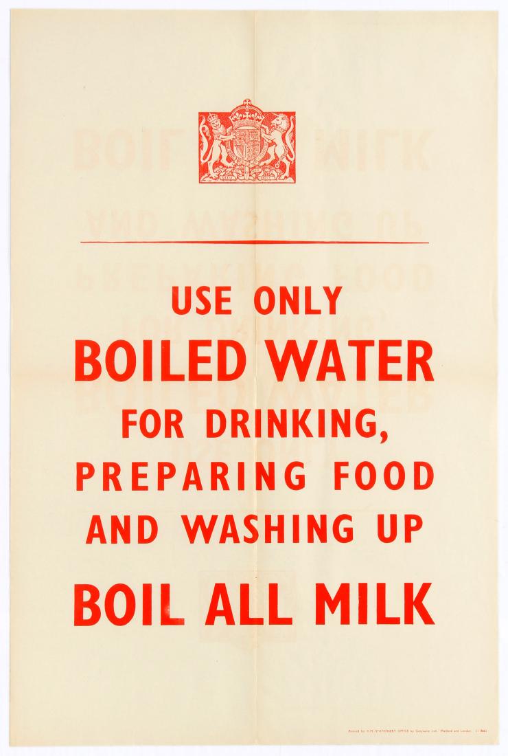 WWII Propaganda Poster Boiled Water Home Front Large: Original vintage World War Two propaganda poster issued in England by the H.M. Stationery Office with the slogan, Use Only Boiled Water for Drinking, Preparing Food and Washing Up, Boil All Milk. Quir