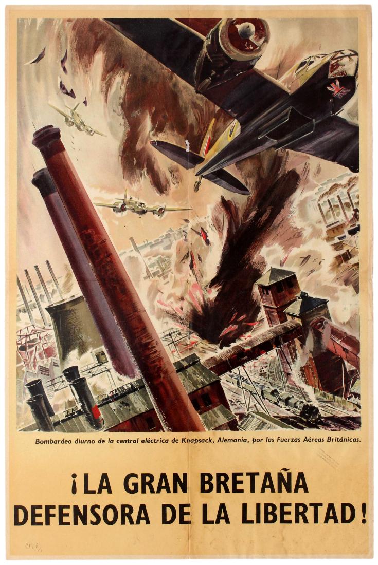 WWII War Propaganda Poster UK Air Force RAF: Original vintage WWII Propaganda Poster - Britain the Great Defender of Freedom - Featuring a dynamic illustration by James Gardner of Military planes bombing Knapsack in Germany. The message reads -