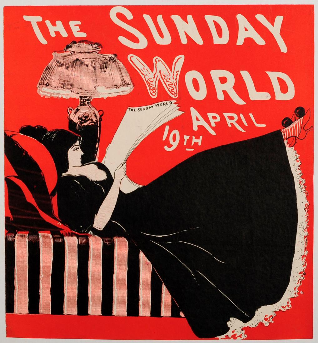 Advertising Poster The Sunday World Magazine 1896 Belle: Original antique advertising poster for the Sunday World issue 19 April 1896. Fantastic stylised illustration depicting a young lady lying on sofa reading a copy of The Sunday World with her feet up,