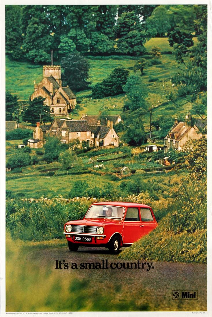 Advertising Poster Classic Mini Rover British Leyland: Original vintage advertising poster for the classic Mini car manufactured by British Leyland "It's a small country" featuring a red Mini 1275 GT driving around a corner on a narrow road in the English