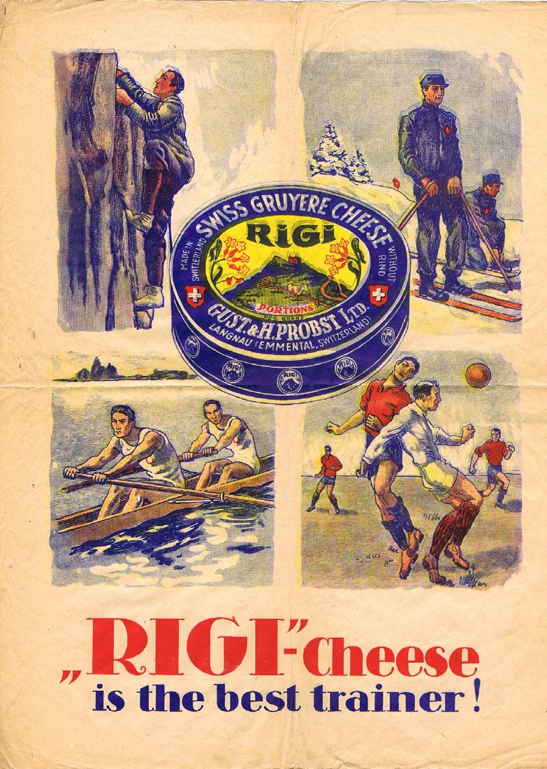 Advertising Poster Rigi Cheese Swiss Ski Mountains: Original vintage food advertising poster: Rigi Cheese is the Best Trainer! Image of Swiss sporting activities: skiing, rowing, mountain climbing and football. Fair condition, folds, stain top left, on