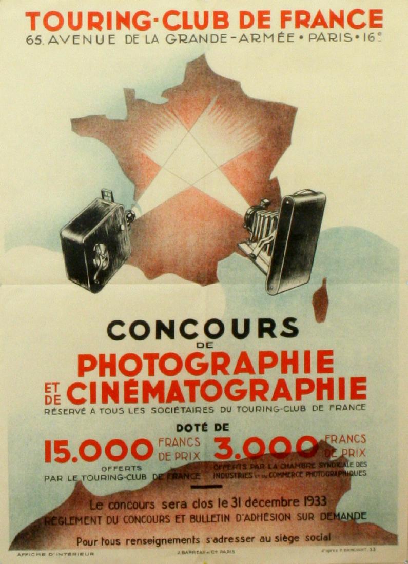 Advertising Poster Art Deco Photography Touring Club de: Original vintage poster advertising the Touring Club de France photography competition. Art Deco image of a photo and movie camera pointing at an outline of France. Excellent condition, folds. Country