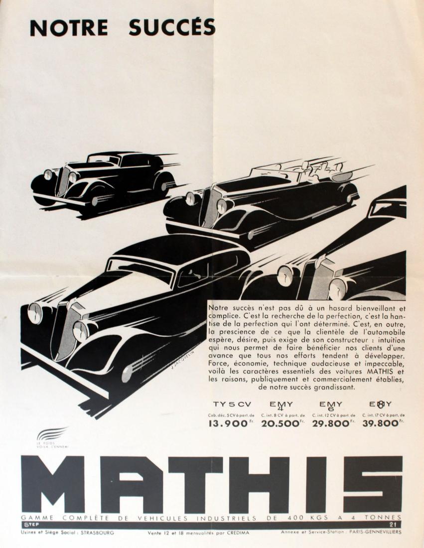 Advertising Poster Art Deco Car Mathis Four Models: Original vintage car advertising poster for Mathis. Art Deco design of four car models speeding past, by Jean Jacquelin (1905-1989). Good condition, folded. Country: France. Year: 1930s. Designer: J J