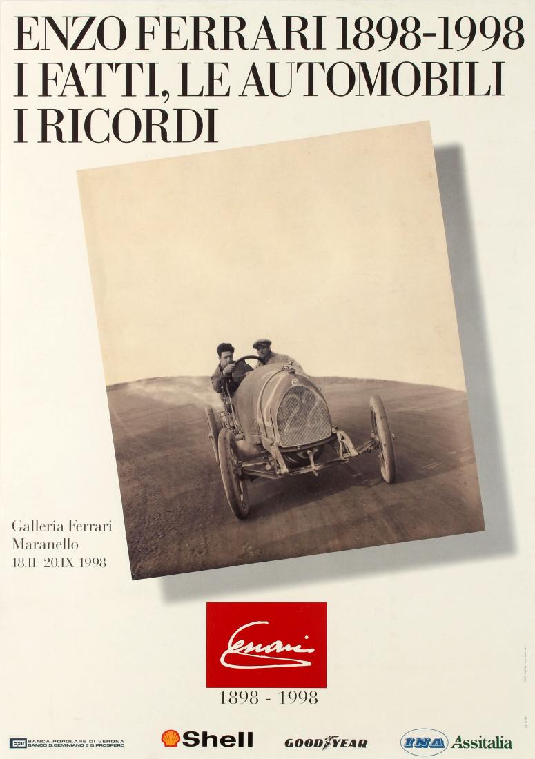 Advertising Poster Enzo Ferrari Exhibition 1998: Original vintage advertising poster for an exhibition Enzo Ferrari 1898-1998 The Facts, the Cars, the Memories / I Fatti, Le Automobili, I Ricordi at the Gallery Ferrari in Maranello from 18 February 