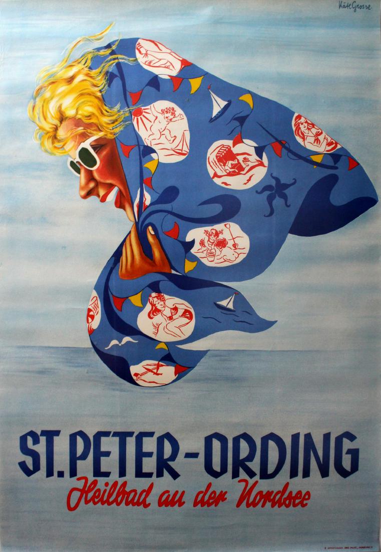 Travel Poster St Peter Ording Sea Resort Germany: Original vintage travel poster advertising St Peter Ording Heilbad an der Nordsee, a popular German seaside spa area in Nordfriesland Schleswig-Holstein, Germany. Great image of a smiling lady wearing