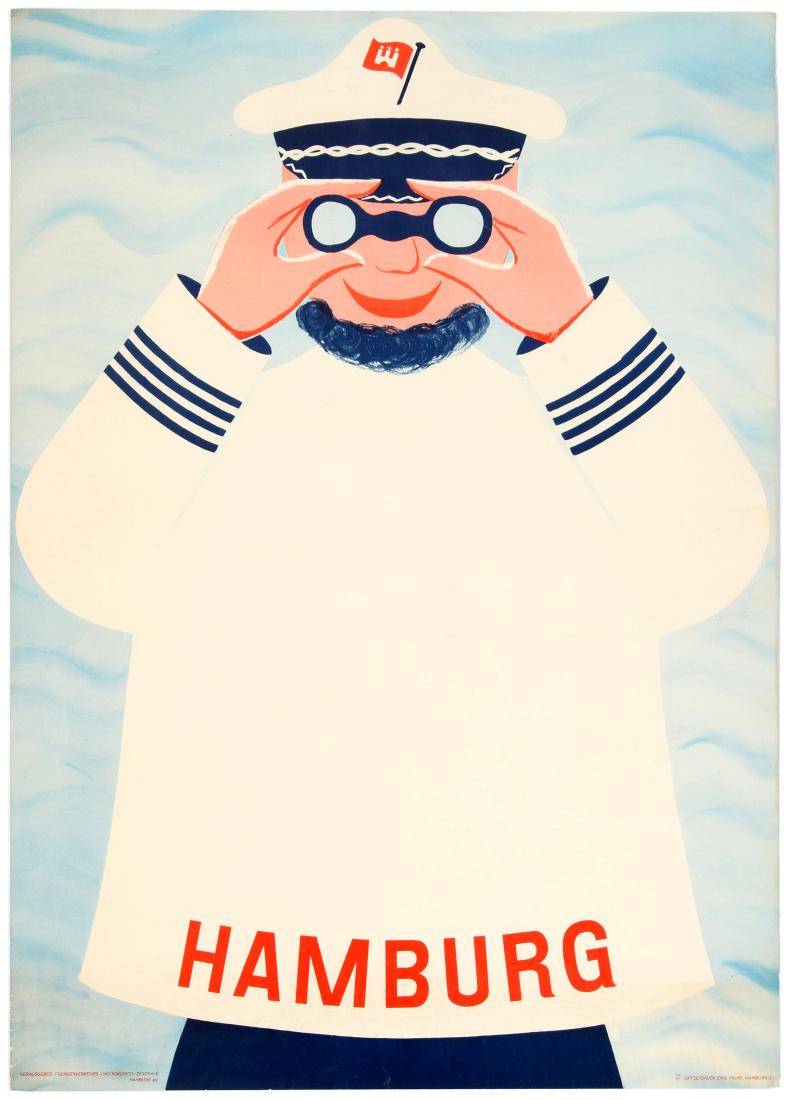 Travel Poster Hamburg Germany Sailor Binoculars: Original vintage travel poster promoting Hamburg in Germany published by the Foreign Transport and Congress Center Hamburg - Featuring a fun illustration of a sailor with a beard and a red flag on his