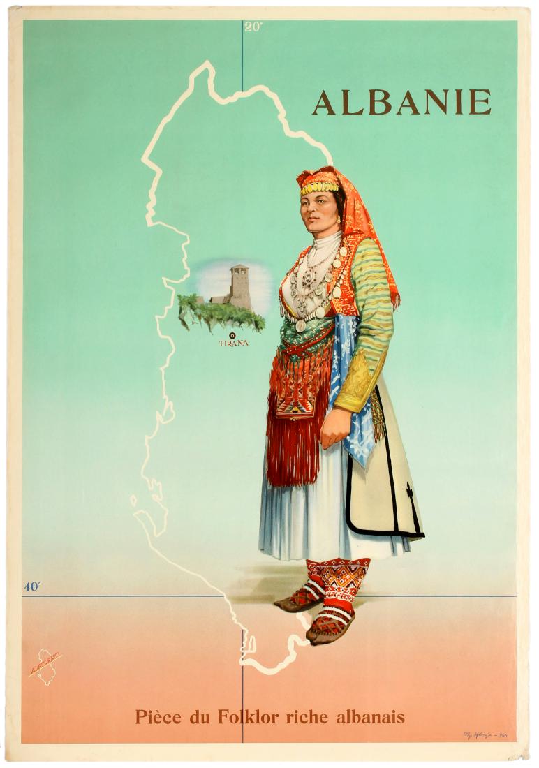Travel Poster Albania Rich Folk Dancer: Original vintage travel advertising poster Albania - Part of the Albanian Rich Folklore / Albanie, PiÃ¨ce du Folkor riche Albanais - Featuring a great illustration by Dh Mbarja of a woman in traditi
