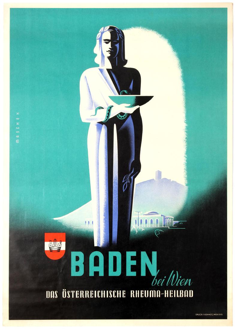 Travel Poster Baden Austria Art Deco Rudolf Maschek: Original vintage travel advertising poster Baden near Vienna - The Austrian Rheumatism Spa - Featuring a great Art Deco style illustration by Rudolf Maschek of a woman in a robe and a snake wrapped ar