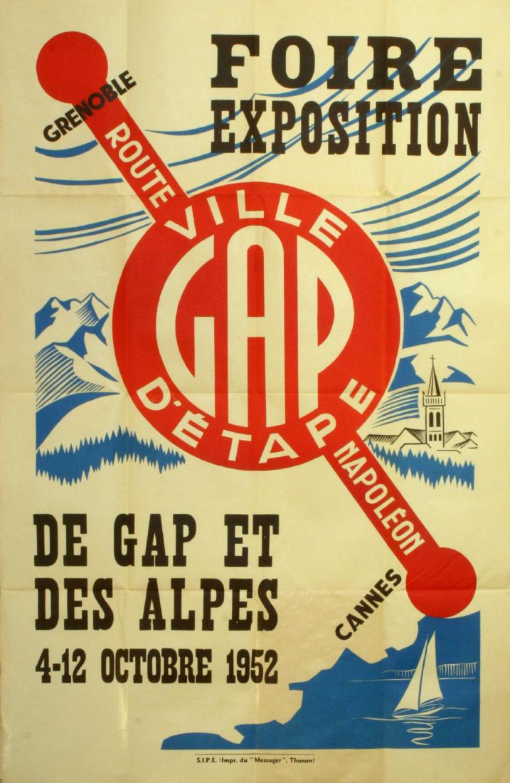 Travel Poster Art Deco Gap Ville d'Etape Route Napoleon: Original vintage poster: Gap Ville d'Etape Route Napolean, Cannes Grenoble Fair - de Gap et des Alpes, 4-12 October 1952. Bright design with a red sign connecting Cannes and Grenoble, images of a sail