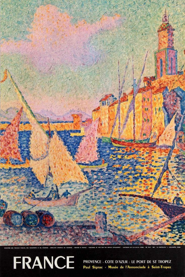 Travel Poster Saint Tropez Cote dAzur: Original vintage travel advertising poster published by the Ministry of Civil Engineering, Transport and Tourism for the French Government to promote tourism to Saint Tropez in the southern region of 