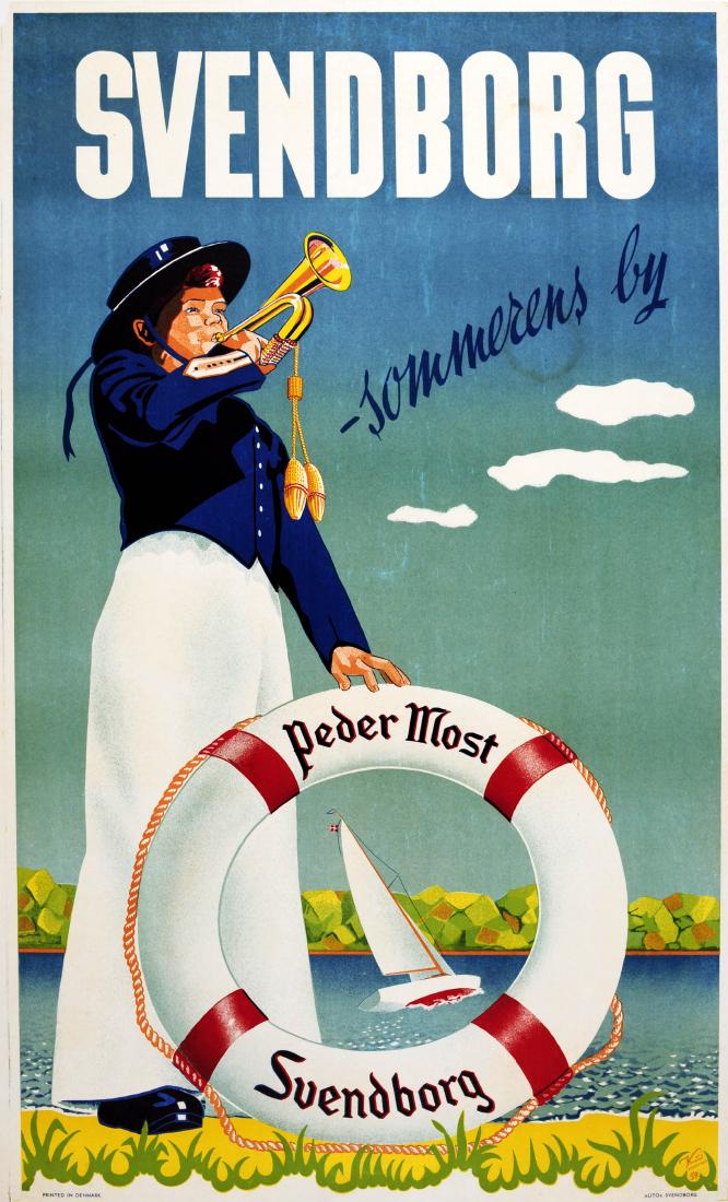Travel Poster Svendborg Funen Denmark: Original vintage summer travel advertising poster: Svendborg sommerens by Peder Most. Colourful design featuring a boy wearing a blue and white sailor uniform and hat blowing a trumpet, a sailing boat