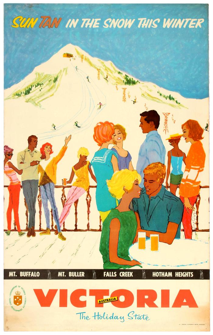 Travel Poster Ski Victoria Holiday State Australia: Original vintage travel advertising poster promoting Victoria The Holiday State in Australia published by Government of Victoria Tourist Development Authority - Featuring great illustration of tanned 