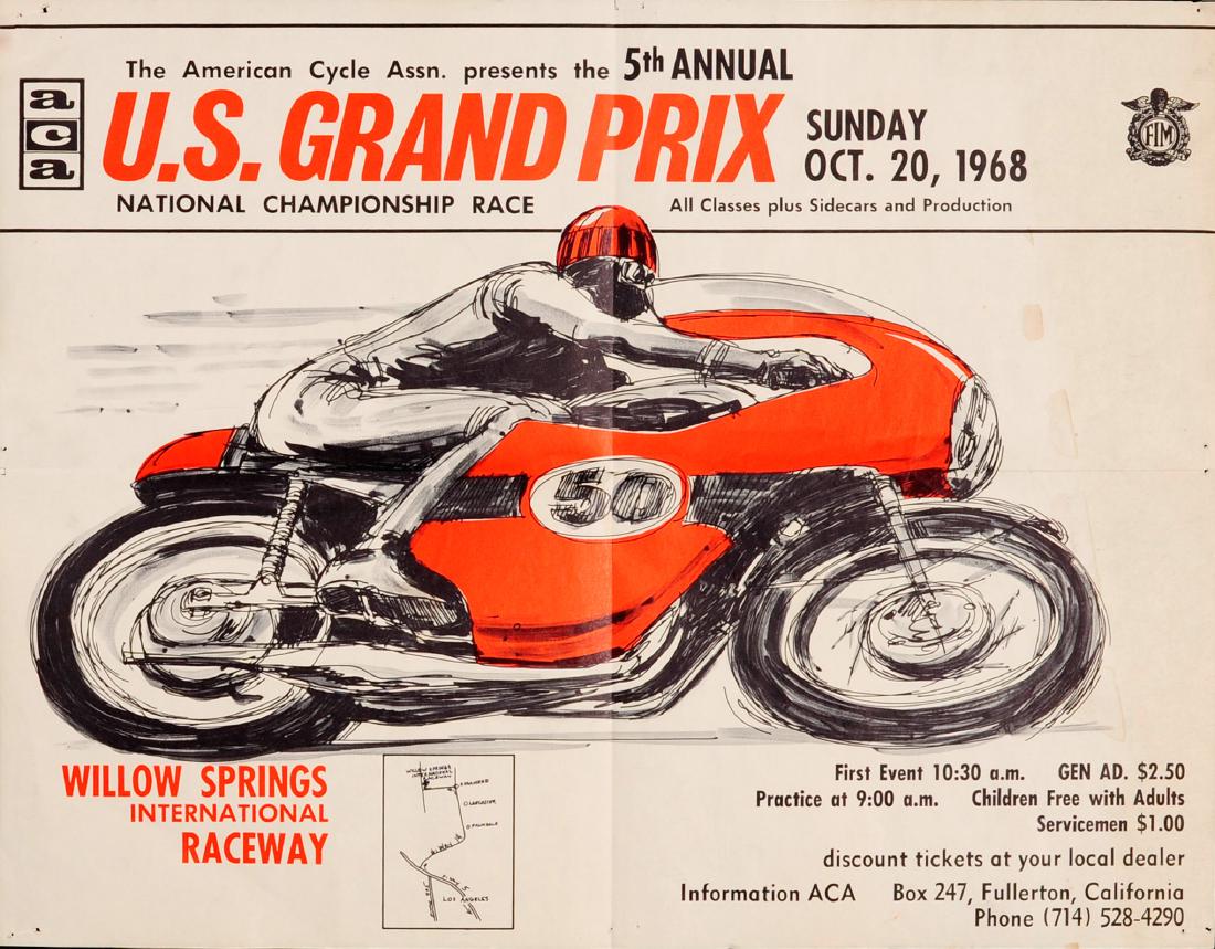 Sport Poster USA Motorcycle Grand Prix Race 1968: Original vintage poster for the 5th annual U.S. Grand Prix on Sunday October 20, 1968 - National Championship Race - Willow Springs International Raceway. Dynamic image featuring a motorcycle racing d