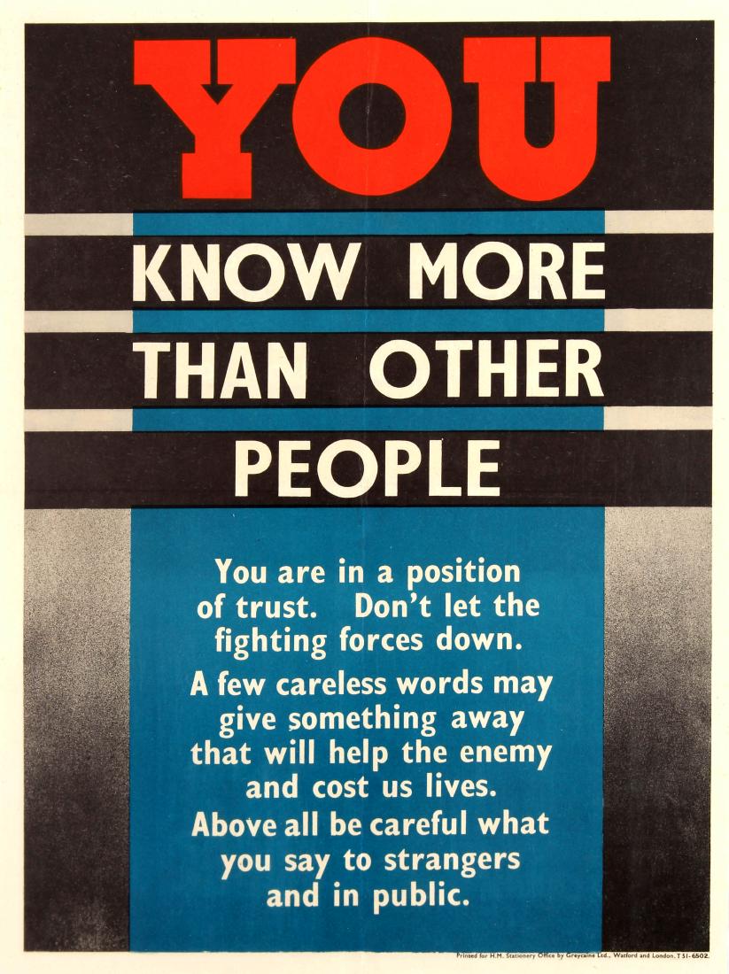 War Poster You Know More Home Front UK WWII Small: Original vintage World War Two propaganda poster: "You Know More Than Other People – You are in a position of trust. Don’t let the fighting forces down. A few careless words may give somet