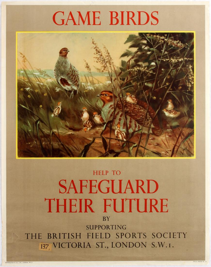3 Advertising Posters Game Birds British Field Sport: Group of three British Field Sport Association posters: 1. Original vintage poster: Game Birds - Help to safeguard their future by supporting the British Field Sports Society 137 Victoria Street Londo