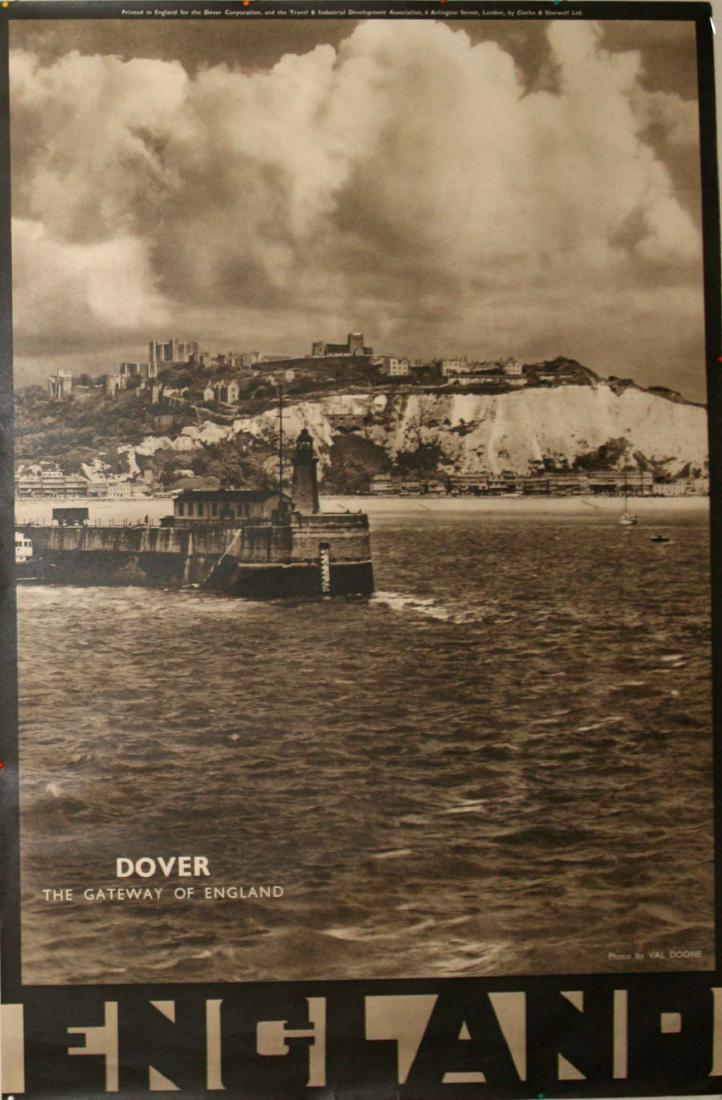 3 Travel Posters England Dover Canterbury: Gorup of three original vintage travel advertising posters issued in Great Britain by the tourist authorities. 1. England - Dover, the Gateway of England. Photo by Val Doone featuring the White Cliffs