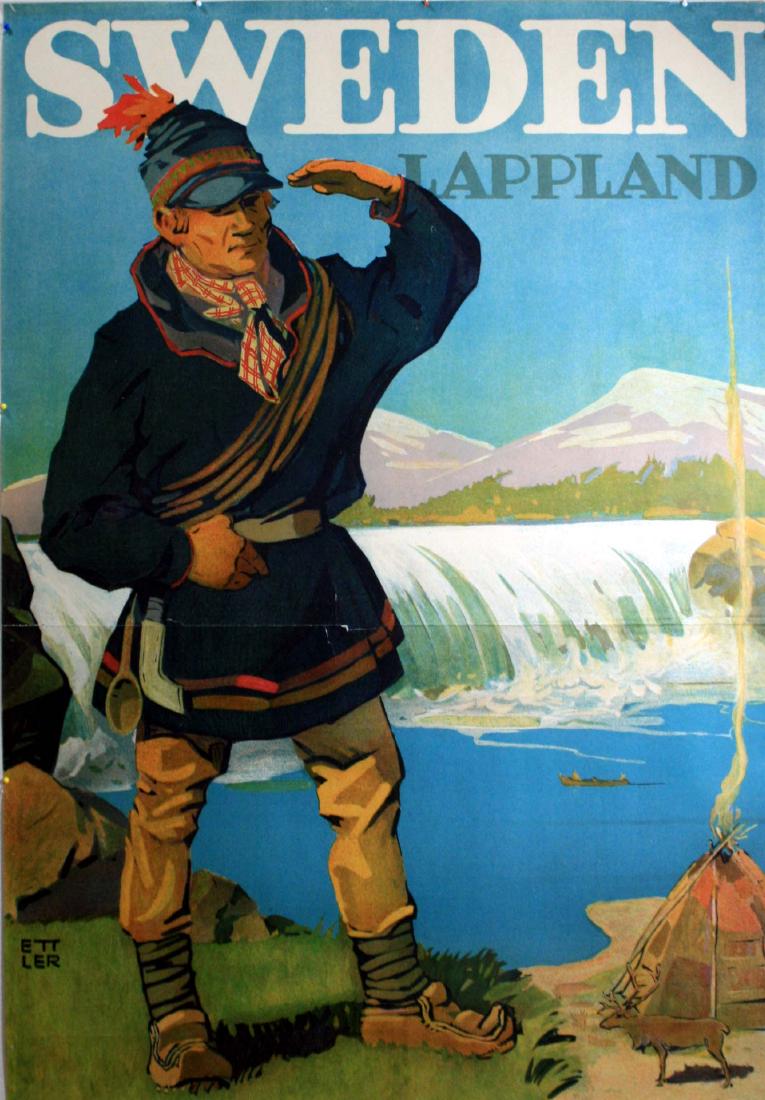 Travel Poster Sweden Lappland Sami: Travel Posters Sweden Lappland. Original vintage lithograph travel poster advertising Lapland, the most northern part of Sweden. Image of a man dressed in warm traditional clothing with tools and rope