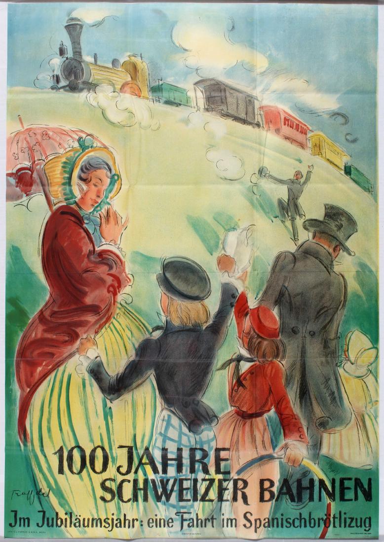 Travel Poster Switzerland Steam Train Swiss Railway: Original vintage lithograph Travel Poster - 100 Years of the first train journey in Switzerland. The construction and operation of Swiss railways during the 19th century was carried out by private rai