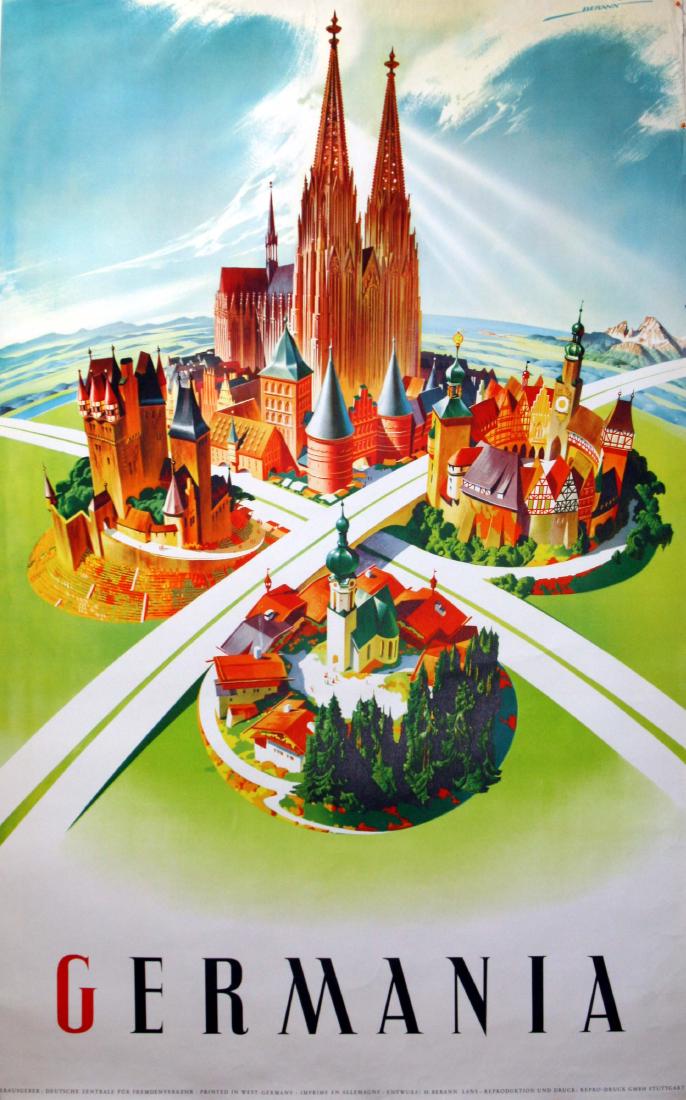 Travel Poster Germania Germany Berann Midcentury: Original vintage travel advertising poster for Germany. Colourful image in midcentury modern style of a crossroad (X) on a fresh green landscape as the central point through four ancient towns, featur
