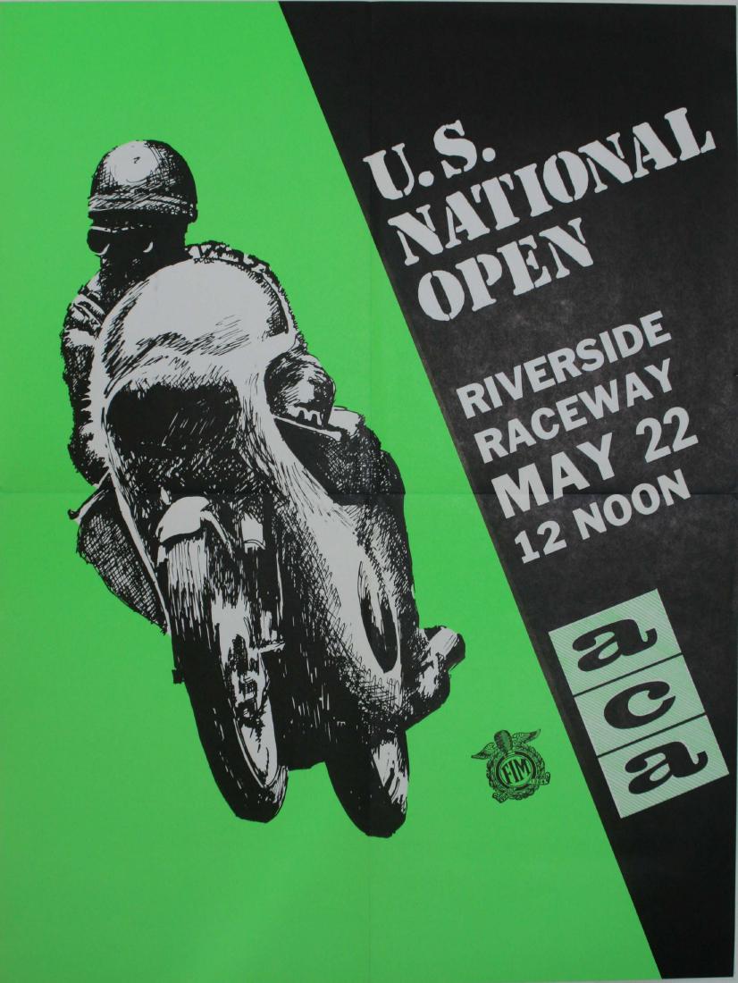 Sport Poster US National Open Motorcycle Racing FIM ACA: Sport Posters US National Open. Original vintage motor sport poster for the US National Open at the Riverside Raceway in California on May 22, 1966 at 12 noon, organised by the ACA (American Cycle Ass