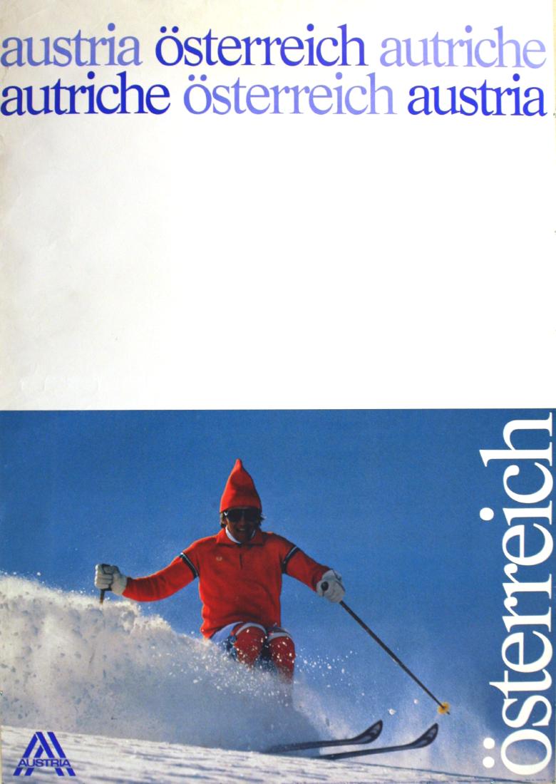 Ski Poster Austria Osterreich Autriche Skier Mountains: Original vintage travel poster advertising skiing in Austria - Osterreich - Autriche. Good condition, tears on top left margin. Country: Austria. Year:1970s. Author: Unknown. Size: 84x59 cm