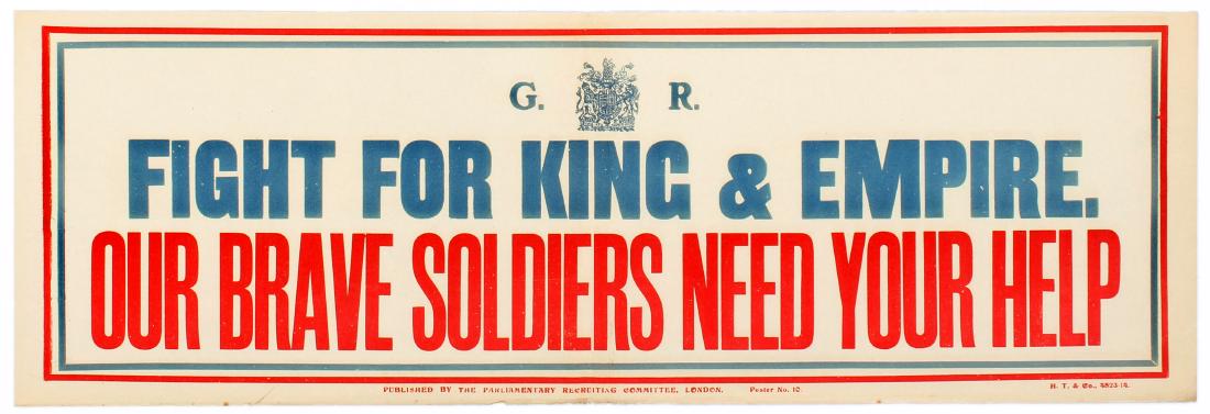 War Propaganda Poster WWI Fight for King and Empire UK: Original vintage WWI Propaganda Poster - Fight for King & Empire- Our Brave Soldiers need your Help. British Army Recruitment Poster. Published by the parliamentary recruiting committee. Good conditio