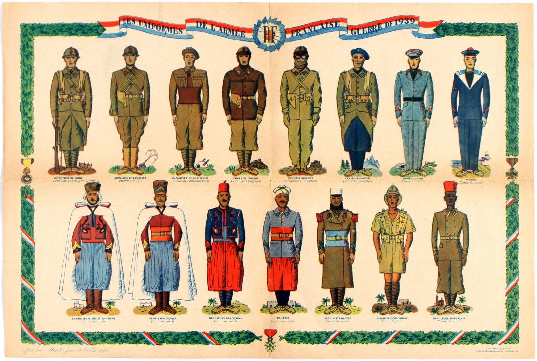 Propaganda Poster Uniforms French Army Morocco Legion: Original vintage advertising poster Uniforms of the French Army of 1939 (Les Uniformes de l'Armee Francaise Guerre De 1939). Images showing uniforms of France, Morocco, Zuave, Foreign Legion and Colon