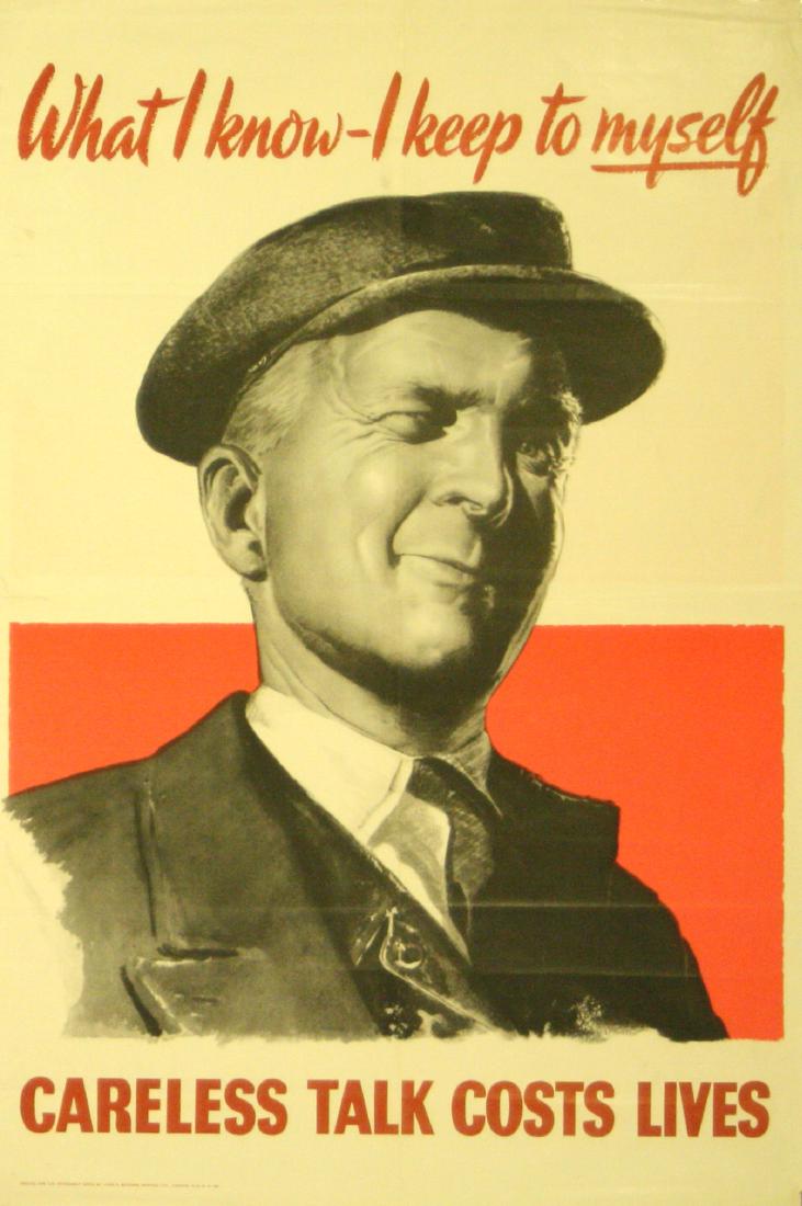 War Propaganda Poster Careless Talk WWII UK: War Posters Careless Talk Costs Lives. Original vintage World War Two propaganda poster: Careless Talk Costs Lives, what I know - I keep to myself. Image of a worker in a flat cap winking. Good condit