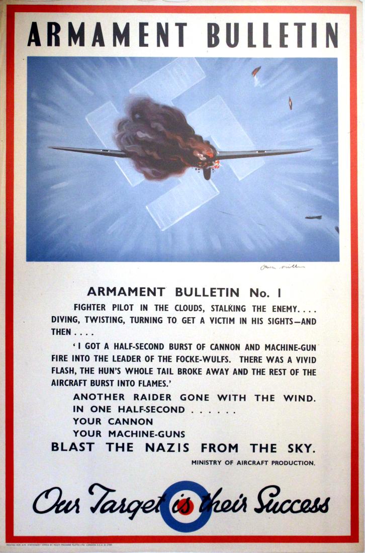 War Poster Armament Bulletin WWII UK Aircraft Nazi: War Posters Armament Bulletin WWII. Original vintage World War Two poster: Armament Bulletin No 1, Ministry of Aircraft Production. Image of a German Nazi plane burning in the air with a swastika on t