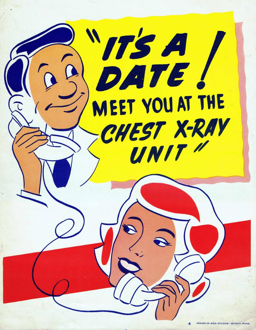 Health Propaganda Poster Mad Men Date at the X Ray Unit: Original vintage mid-century health propaganda poster glamourising X-ray checkups featuring a wacky retro design of a couple talking on the phone with the message: It's a date! Meet you at the chest x