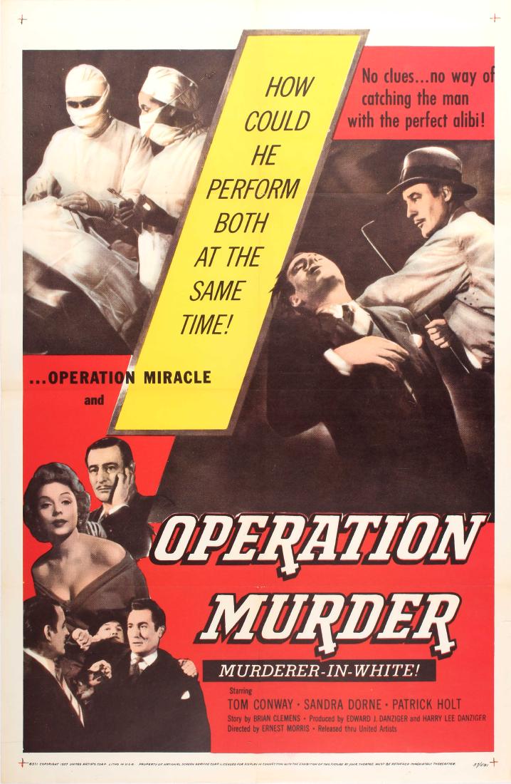 Movie Poster Operation Murder Crime Doctors: Original vintage movie poster for a Operation Murder, this is a 1957 British crime film. It was described by Allmovie as "another of the multitude of inexpensive Danzinger Brothers productions, releas