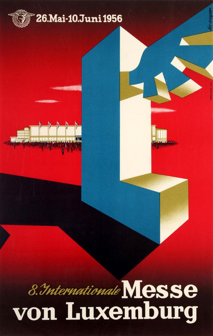 Advertising Poster Luxemburg Trade Fair Midcentury: Original advertising poster in German promoting the 8th International Trade Fair of Luxembourg 26 May to 10 June 1956. Great mid-century design on a red background by the graphic artist Lex Weyer (191