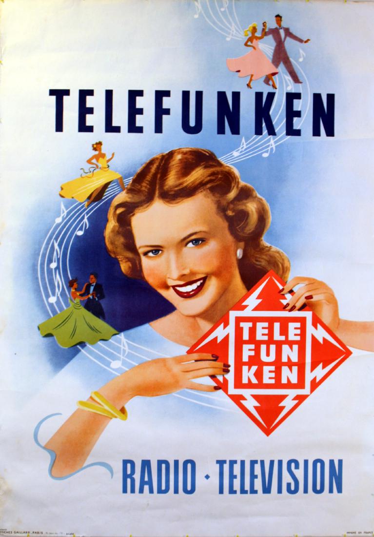 Advertising Poster Telefunken Radio Television: Original vintage advertising poster for Telefunken brand of radio and TV equipment. Funky mid-century retro image of a dancer in a swirling yellow dress and two other couples dancing along music notes