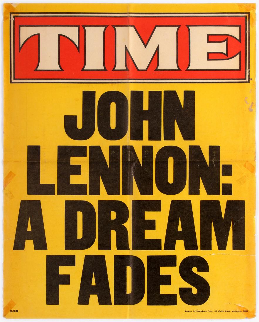 Advertising Poster Time John Lennon: A Dream Fades: Original vintage advertising poster Time - John Lennon: A Dream Fades. Fair condition, folded, tears, small paper losses and tape marks on margins. Advertising board poster issued for display on news