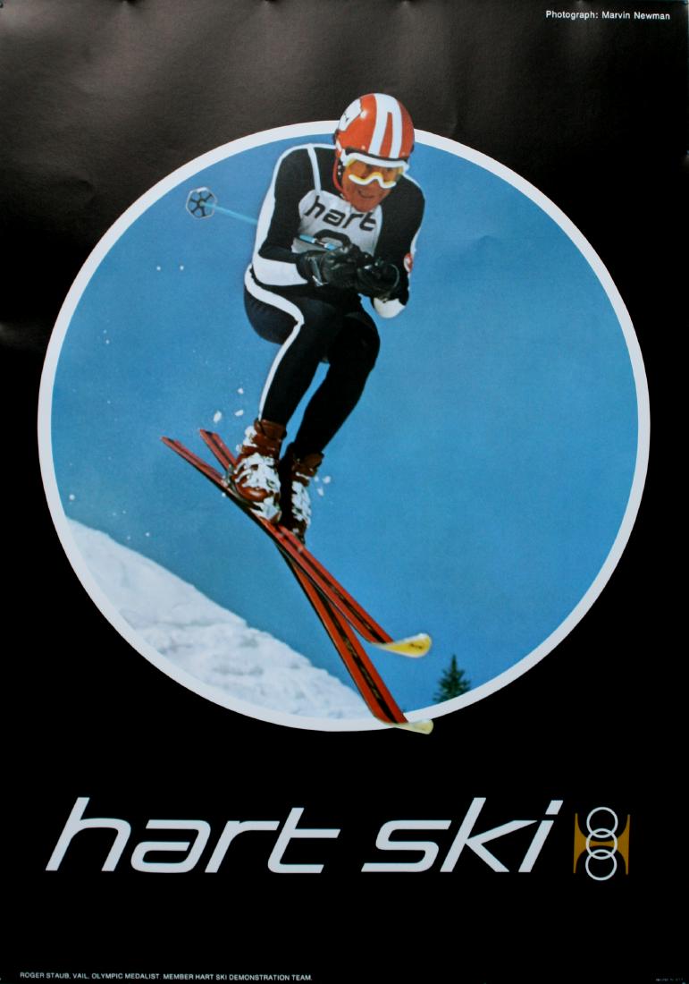 Ski Poster Hart Ski Roger Staub USA: Original vintage ski poster advertising Hart Ski with a photograph of the Swiss ski racer, Roger Staub (1936-1974) - Vail, Olympic Medallist, Member of the Hart Ski demonstration team. Photo by Marvin
