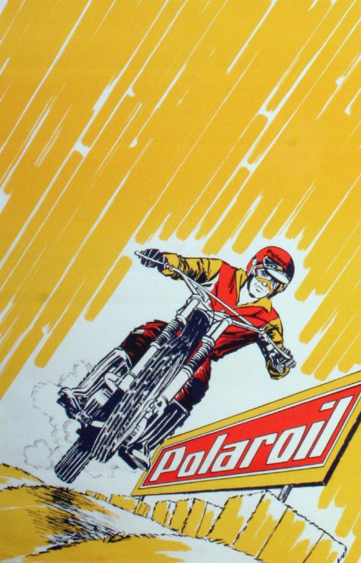 Sport Poster Polaroil Motorcycle Racer: Original vintage poster for Polaroil. Dynamic mid-century image of a motorcycle speeding along the road. Printed by Renauldon, 36100 Issoudun, France. Very good condition, faint fold lines.Country: Fr