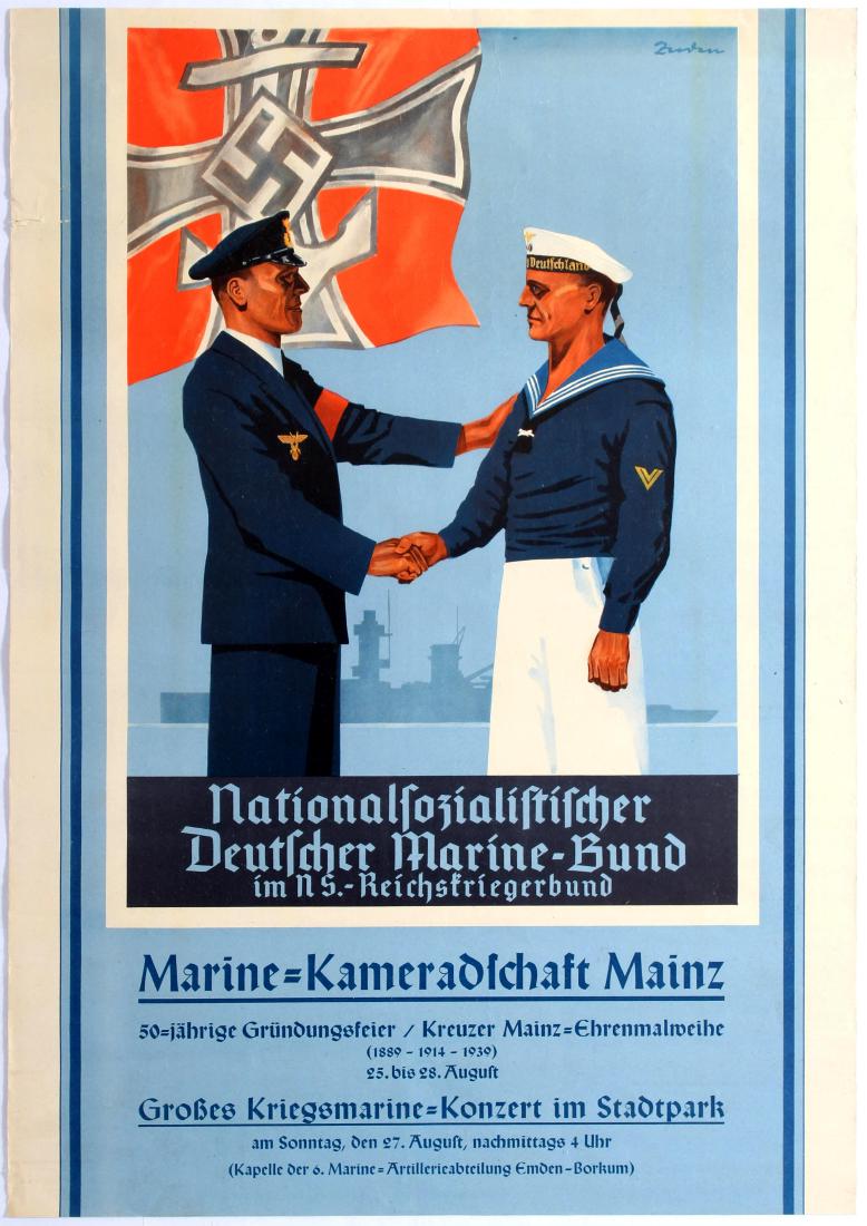 Propaganda Poster Nazi Navy Third Reich Kriegsmarine: Original vintage World War Two German propaganda poster: Nationalfozialiftifcher - Deutcher Marine-Bund - im NS. - Reichsfriegerbund.Deutcher Marine-Bund was founded on March 14, 1891 as its precursor