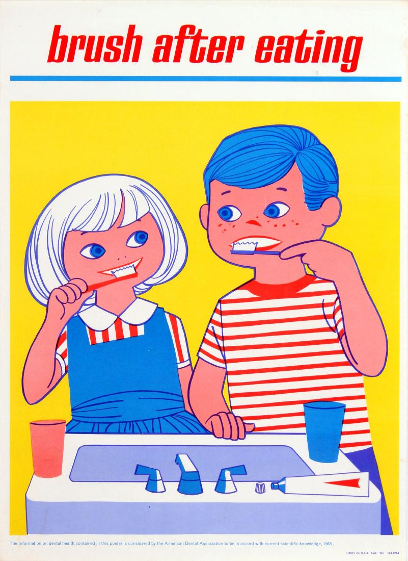 Propaganda Poster Dentist Dental Brush After Eating: Original vintage dental health poster: Brush After Eating published by the American Dental Association. Fun and colourful cartoon style image showing a boy and a girl wearing stripy clothes, brushing