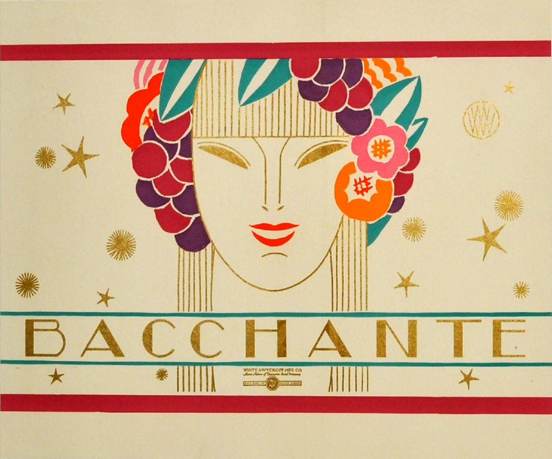 Advertising Poster Label Bacchante Art Deco: Original vintage stationery box cover design for White & Wyckoff, an American manufacturer of speciality paper products (during the 1920s, White & Wyckoff operated the largest printing plant in Holyok