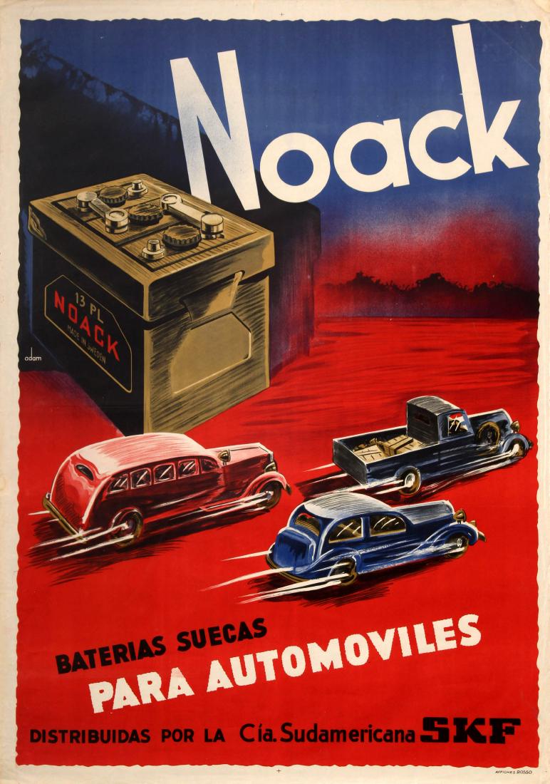 Advertising Poster Noack Car Batteries Art Deco Sweden: Original vintage advertising poster for car batteries – Noack Swedish batteries for cars Distributed by Cia. Susamericana SKF / Baterias Suecas Para Automoviles Distribuidas por la Cia. Sudameri