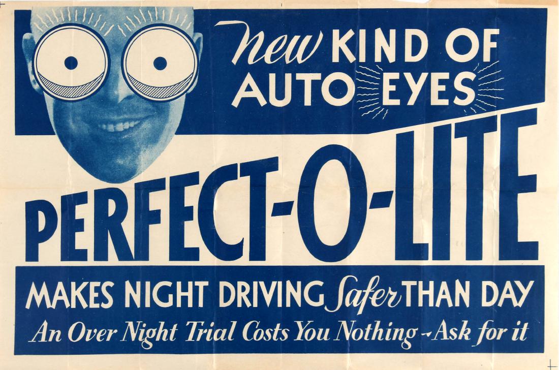 Advertising Poster PerfectOLite Crazy Eyes Car: Original vintage advertising poster for Perfect-O-Lite New Kind of Auto Eyes – Perfect-O-Lite Makes night driving safer than day – An Over Night Trial Costs You Nothing – Ask for it.