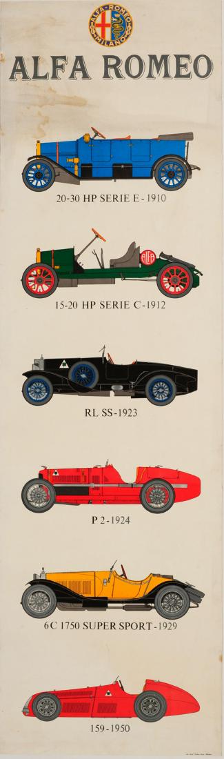 Advertising Poster Alfa Romeo Racing Cars: Original vintage car advertising poster for the car company Alfa Romeo featuring colourful side-on images of different classic car models - a blue 20-30 HP Serie E 1910, a green 15-20 HP Serie C 1912 
