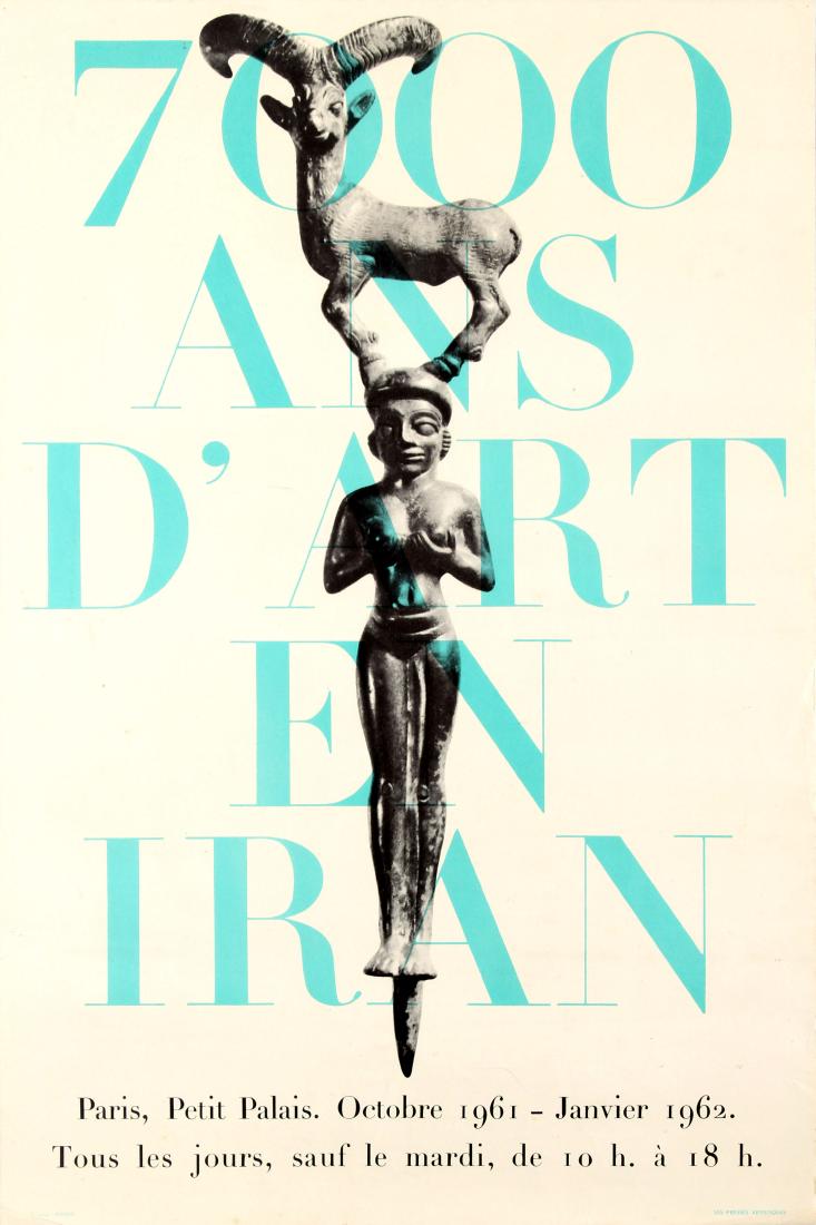 Advertising Poster 7000 Years of Art in Iran: Original vintage exhibition poster: 7000 Years of Iranian Art held at the Petit Palais in Paris from October 1961 to January 1962 / 7000 ans d'art en Iran. Typographical design by the graphic designer