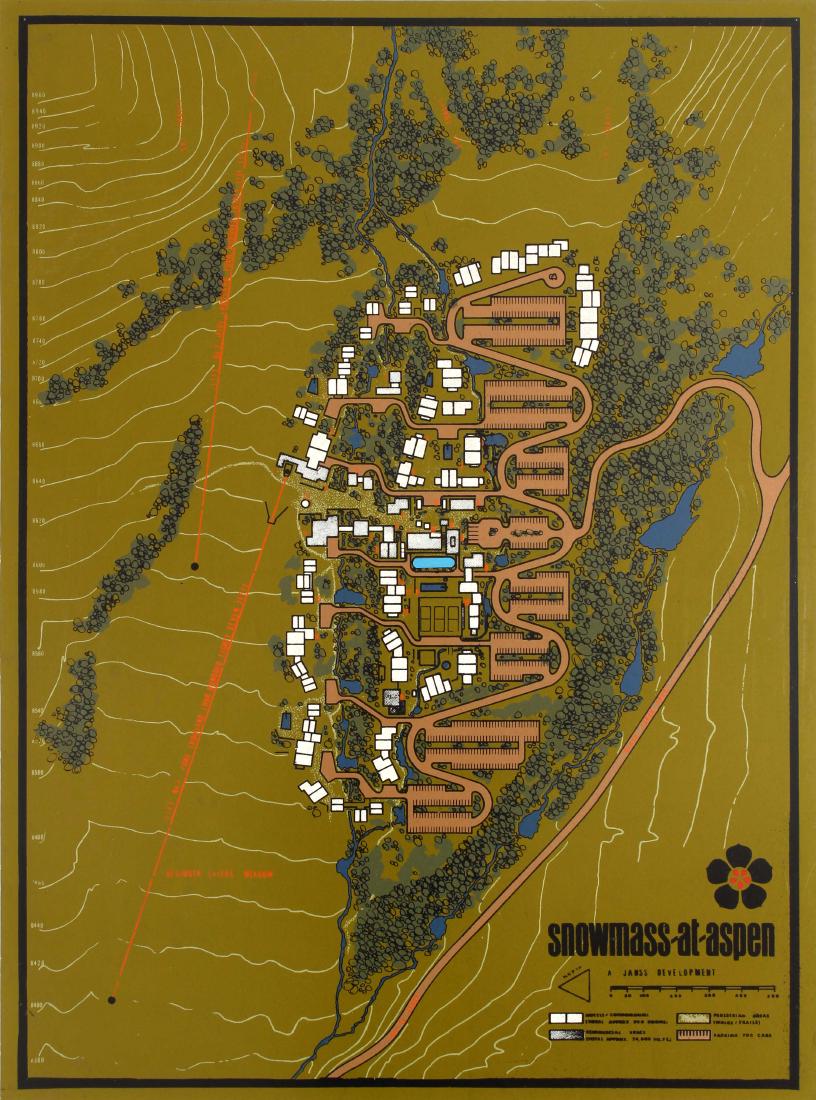 Advertising Poster Snowmass Aspen Ski Resort Map: Original vintage poster featuring a map depicting the plan of the Snowmass-at-Aspen ski resort complex located in the Snowmass Village near Aspen in Colorado showing the Alpine style ski-in-ski-out vi
