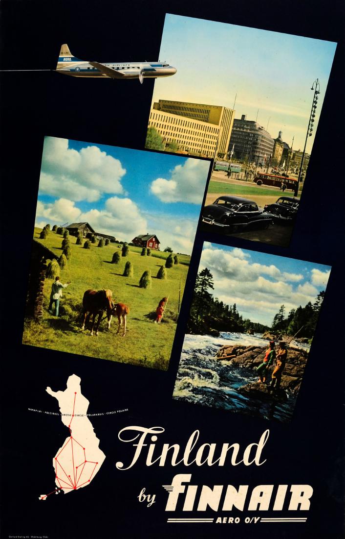 Travel Poster Finland by Finnair Airline: Original vintage travel poster for Finland by Finnair Aero O/Y featuring three photographs against a dark background showing different views of Finland - a modern Finnish city with contemporary buildi